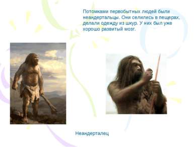 Потомками первобытных людей были неандертальцы. Они селились в пещерах, делал...
