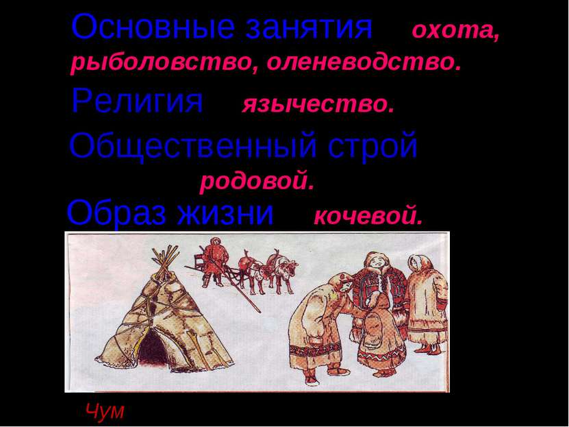 Чум- жилище сибирских кочевых народов. Основные занятия – охота, рыболовство,...