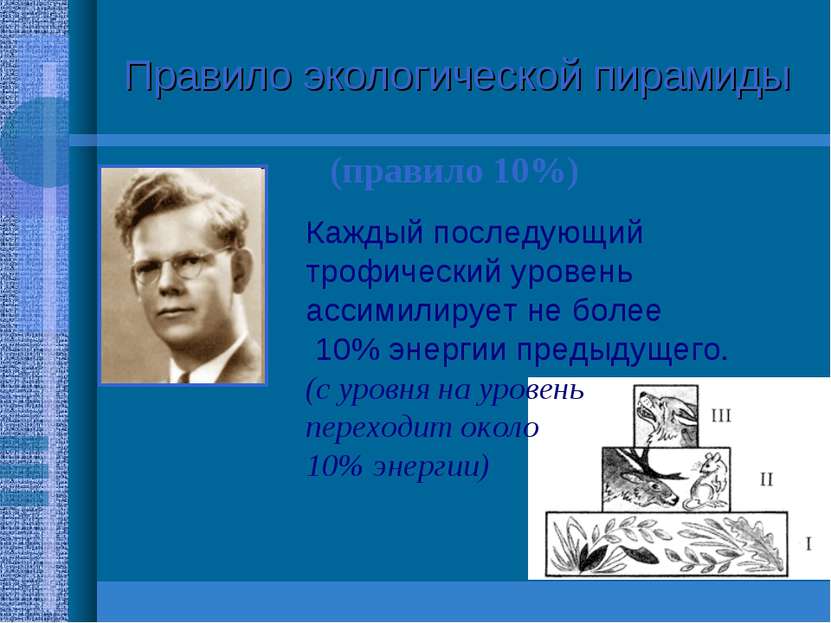 Правило экологической пирамиды (правило 10%) Раймонд Линдеман (1915-1942) Каж...
