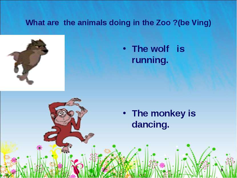 * What are the animals doing in the Zoo ?(be Ving) The wolf is running. The m...