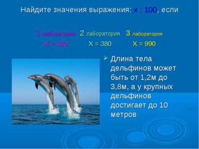 Найдите значения выражения: х : 100, если Длина тела дельфинов может быть от ...