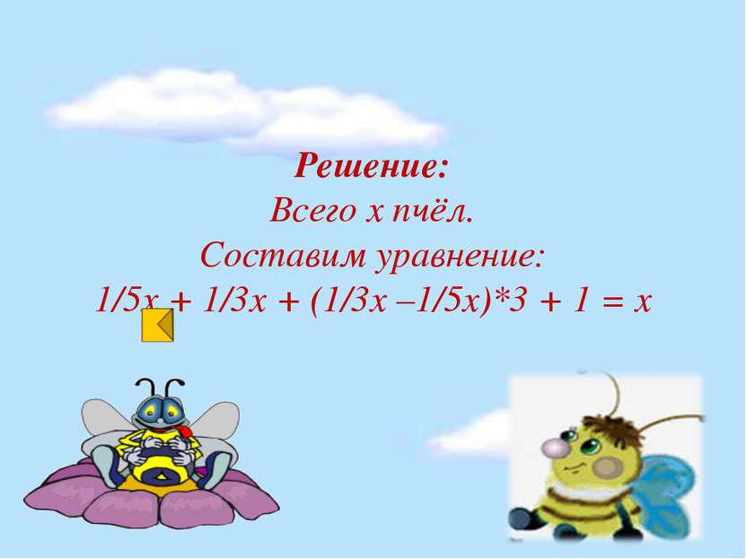 Решение: Всего х пчёл. Составим уравнение: 1/5х + 1/3х + (1/3х –1/5х)*3 + 1 = х