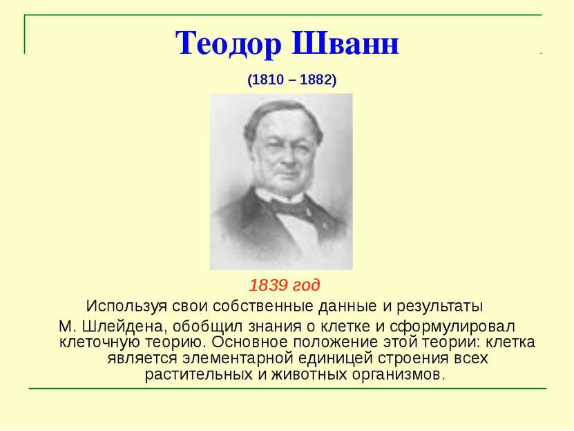 Теодор Шванн 1839 год Используя свои собственные данные и результаты М. Шлейд...