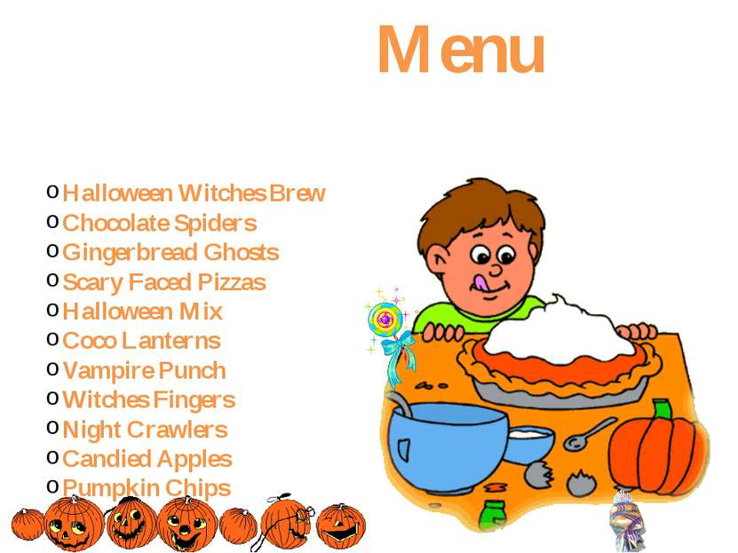 Menu Halloween Witches Brew Chocolate Spiders Gingerbread Ghosts Scary Faced ...