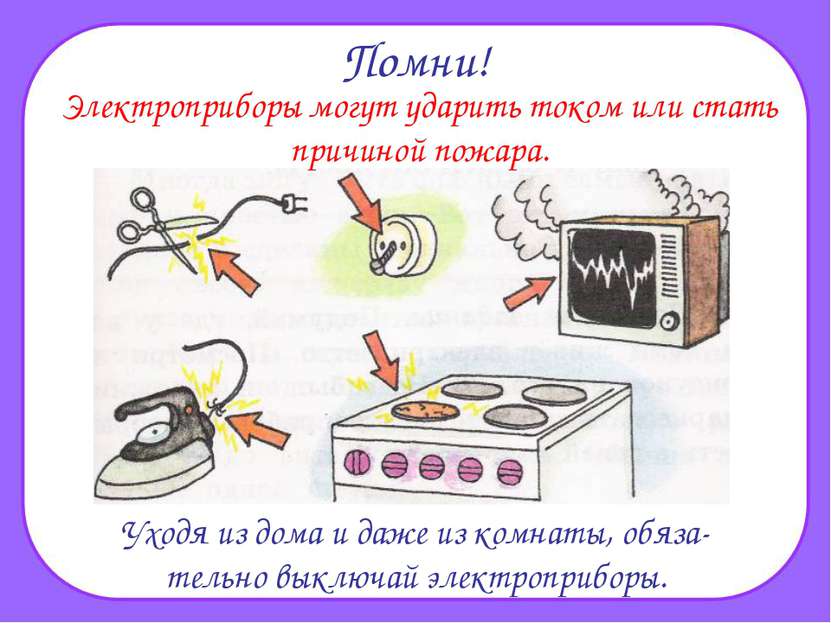 Помни! Электроприборы могут ударить током или стать причиной пожара. Уходя из...