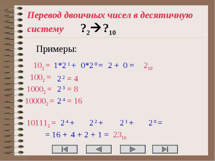 Перевод двоичных чисел в десятичную систему ?2 ?10 Примеры: 102 = 1*2 1 + 0*2...