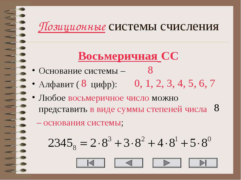 Позиционные системы счисления Восьмеричная СС Основание системы – Алфавит ( ц...