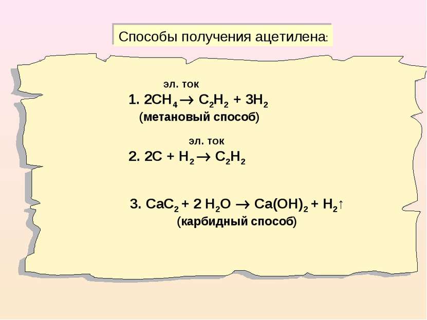 Способы получения ацетилена: эл. ток 1. 2СН4 С2Н2 + 3Н2 (метановый способ) эл...