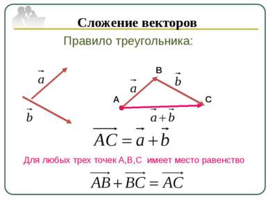 Сложение векторов Правило треугольника: А В С Для любых трех точек A,B,C имее...