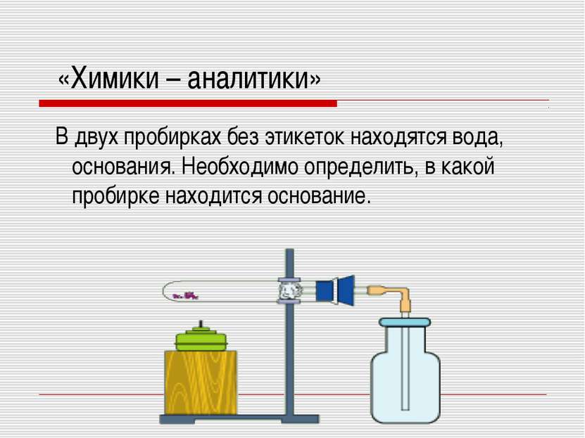 «Химики – аналитики» В двух пробирках без этикеток находятся вода, основания....