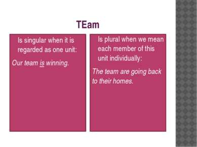 TEam Is singular when it is regarded as one unit: Our team is winning. Is plu...