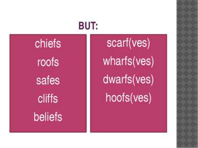 BUT: chiefs roofs safes cliffs beliefs scarf(ves) wharfs(ves) dwarfs(ves) hoo...
