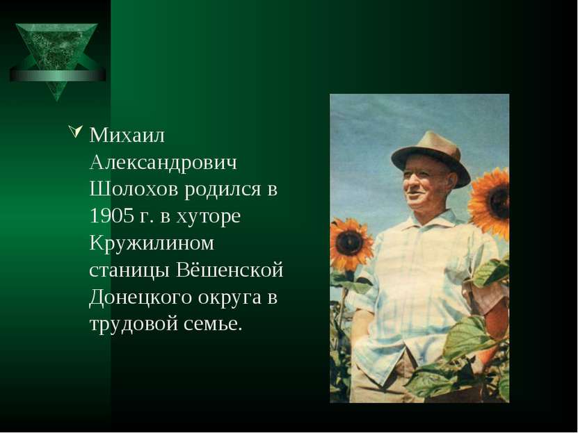 Михаил Александрович Шолохов родился в 1905 г. в хуторе Кружилином станицы Вё...