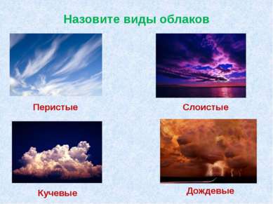 Назовите виды облаков Перистые Слоистые Кучевые Дождевые
