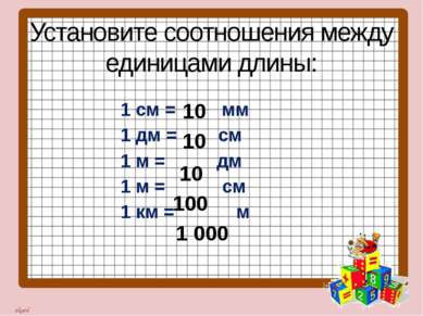 Установите соотношения между единицами длины: 1 см = мм 1 дм = см 1 м = дм 1 ...