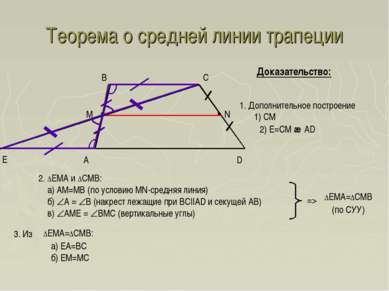 Теорема о средней линии трапеции A D B C Доказательство: Е 1. Дополнительное ...