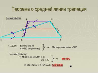 Теорема о средней линии трапеции A D B C Доказательство: Е 4. ΔECD : EM=MC (п...