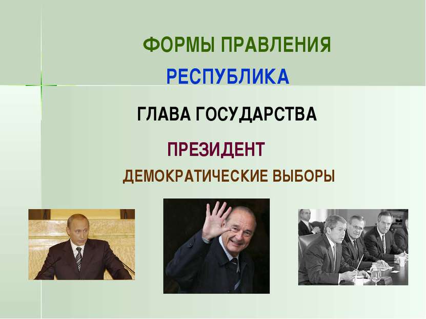 ФОРМЫ ПРАВЛЕНИЯ РЕСПУБЛИКА ГЛАВА ГОСУДАРСТВА ПРЕЗИДЕНТ ДЕМОКРАТИЧЕСКИЕ ВЫБОРЫ