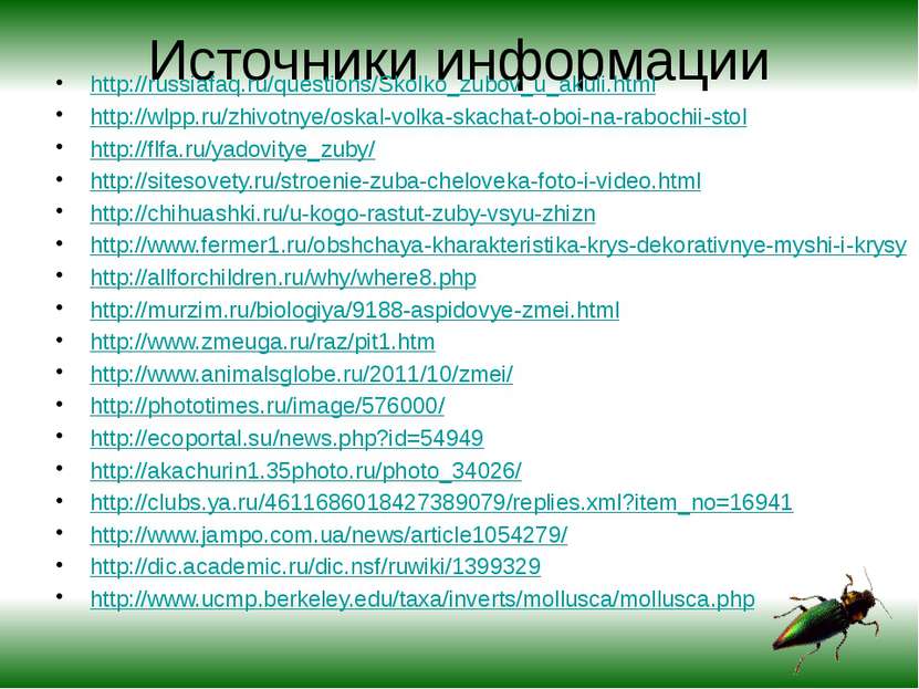 Источники информации http://russiafaq.ru/questions/Skolko_zubov_u_akuli.html ...
