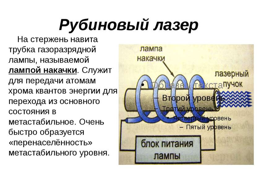 Рубиновый лазер На стержень навита трубка газоразрядной лампы, называемой лам...