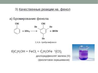 3) Качественные реакции на фенол а) Бромирование фенола 2,4,6- трибромфенол б...