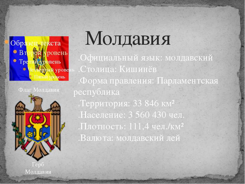 Молдавия Флаг Молдавии Герб Молдавии .Официальный язык: молдавский .Столица: ...