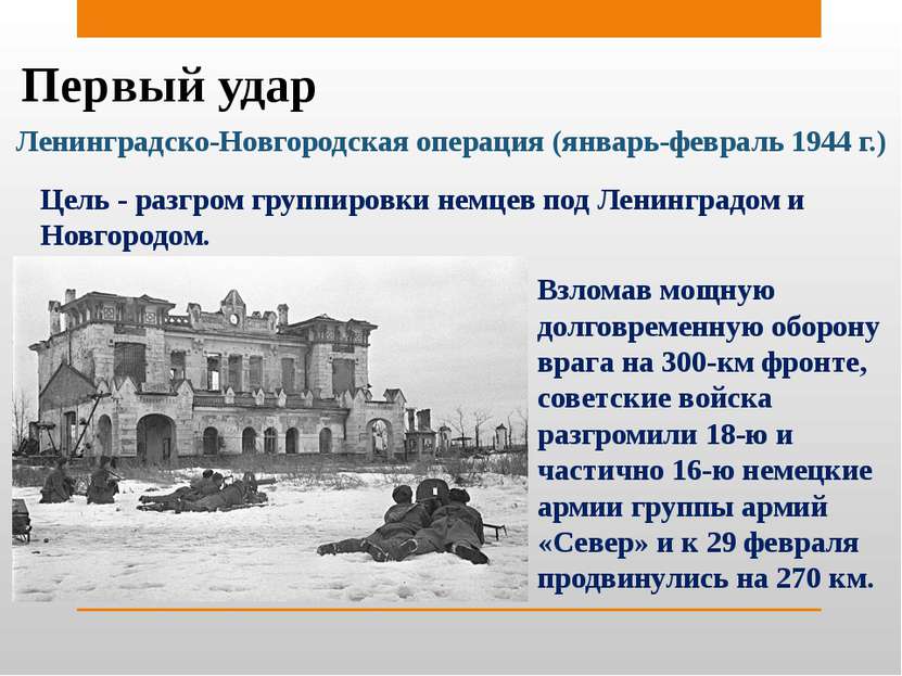 Первый удар Ленинградско-Новгородская операция (январь-февраль 1944 г.) Цель ...