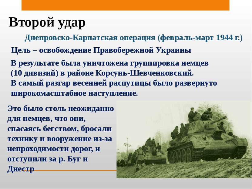 Второй удар Днепровско-Карпатская операция (февраль-март 1944 г.) Цель – осво...