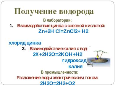 В лаборатории: Взаимодействие цинка с соляной кислотой: Zn+2H Cl=ZnCl2+ H2 хл...