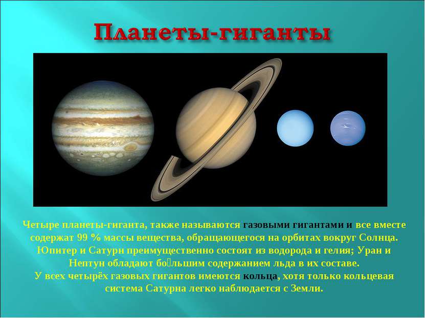 Четыре планеты-гиганта, также называются газовыми гигантами и все вместе соде...