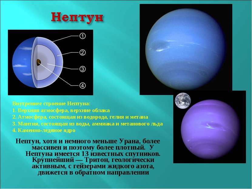 Нептун, хотя и немного меньше Урана, более массивен и поэтому более плотный. ...