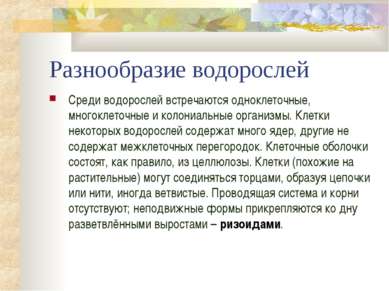 Разнообразие водорослей Среди водорослей встречаются одноклеточные, многоклет...