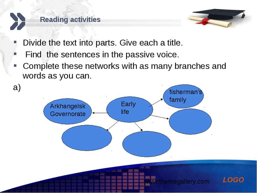 Reading activities Divide the text into parts. Give each a title. Find the se...