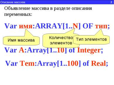 Описание массива 2 Var имя:ARRAY[1..N] OF тип; Объявление массива в разделе о...