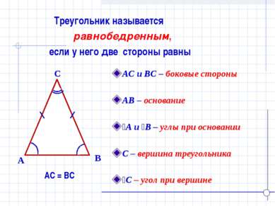 Треугольник называется равнобедренным, если у него две стороны равны B A C АС...