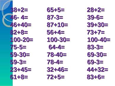38+2= 65+5= 28+2= 46- 4= 87-3= 39-6= 46+40= 87+10= 39+30= 82+8= 56+4= 73+7= 1...