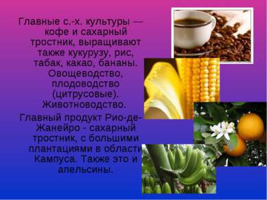 Главные с.-х. культуры — кофе и сахарный тростник, выращивают также кукурузу,...