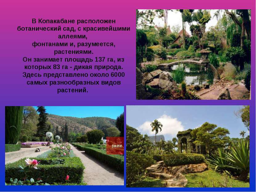В Копакабане расположен ботанический сад, с красивейшими аллеями, фонтанами и...