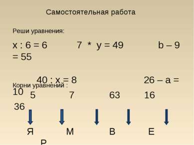 Самостоятельная работа Реши уравнения: x : 6 = 6 7 * y = 49 b – 9 = 55 40 : x...