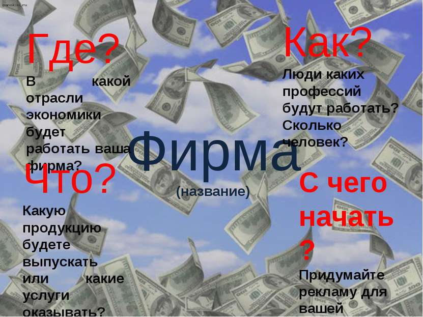 Фирма (название) Где? В какой отрасли экономики будет работать ваша фирма? Чт...