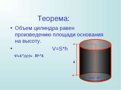 Теорема: Объем цилиндра равен произведению площади основания на высоту. V=S*h...