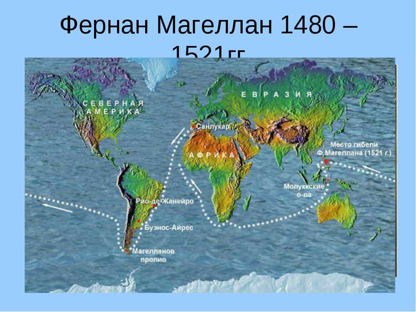 Фернан Магеллан 1480 – 1521гг Совершил кругосветное путешествие, открыл Магел...