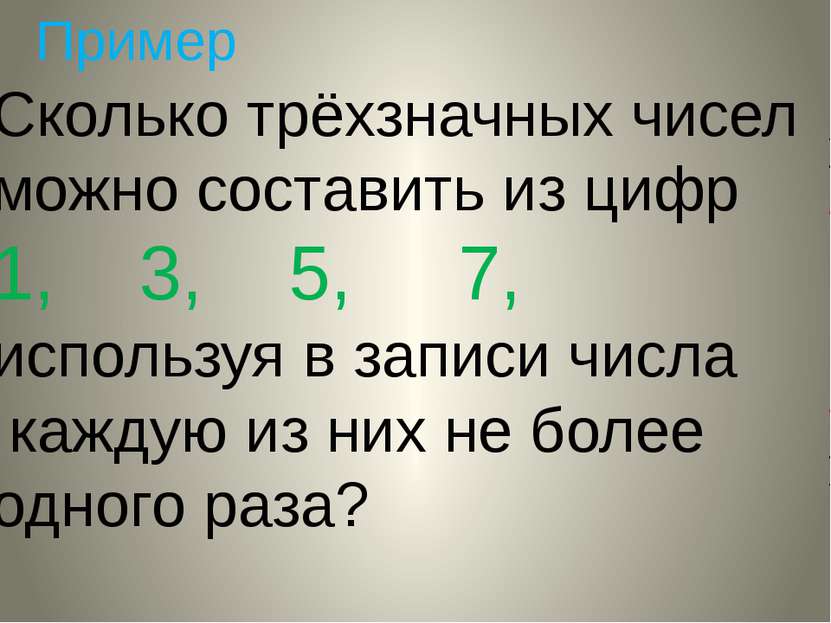 Пример Сколько трёхзначных чисел можно составить из цифр 1, 3, 5, 7, использу...