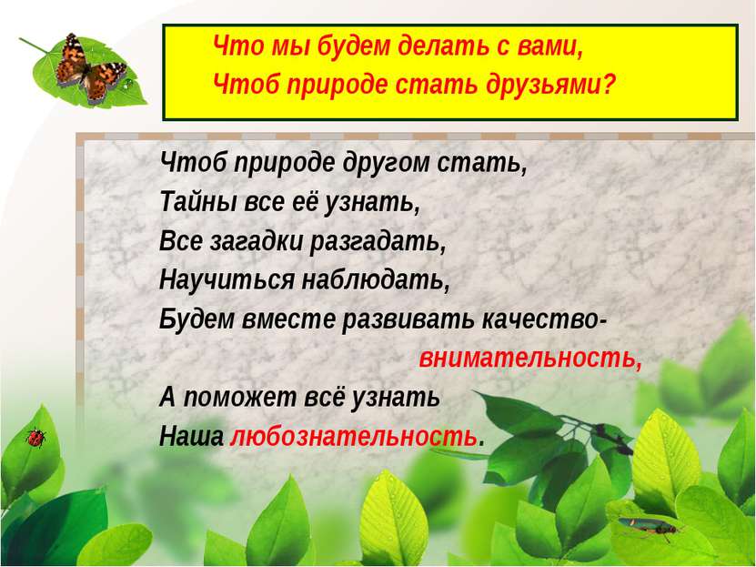 Что мы будем делать с вами, Чтоб природе стать друзьями? Чтоб природе другом ...