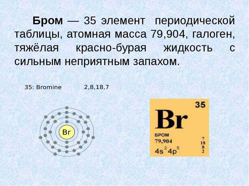 Бром — 35 элемент периодической таблицы, атомная масса 79,904, галоген, тяжёл...