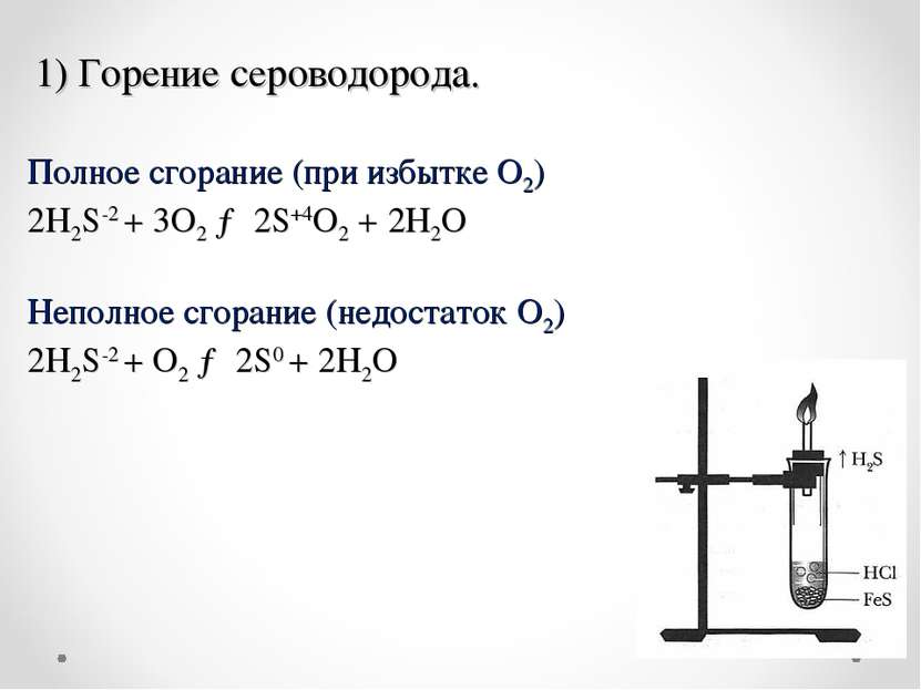 1) Горение сероводорода. Полное сгорание (при избытке O2) 2H2S-2 + 3O2 → 2S+4...