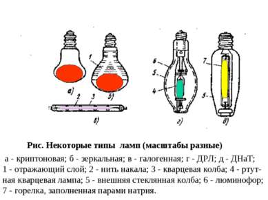 Рис. Некоторые типы ламп (масштабы разные) а - криптоновая; б - зеркальная; в...