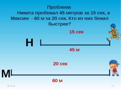 Проблема Никита пробежал 45 метров за 15 сек, а Максим - 60 м за 20 сек. Кто ...