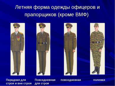 Летняя форма одежды офицеров и прапорщиков (кроме ВМФ) Парадная для строя и в...
