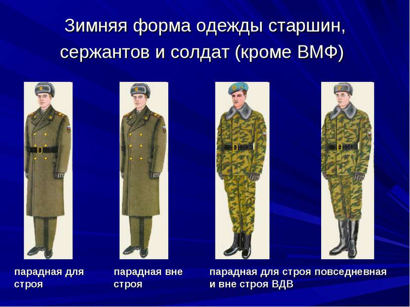 Зимняя форма одежды старшин, сержантов и солдат (кроме ВМФ) парадная для стро...